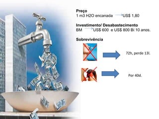 Preço 1 m3 H2O encanada  US$ 1,80 Investimento/ Desabastecimento BM  US$ 600  e US$ 800 Bi 10 anos. Sobrevivência 72h, perde 13l. Por 40d. 