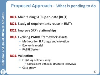 Proposed Approach – What is pending to do
17
DefinitionandUseofSRPinREActivities
RQ1. Maintaining SLR up-to-date (RQ1)
RQ1. Study of requirements reuse in RMTs
RQ2. Improve SRP relationships
RQ3. Evolving PABRE framework assets
 Methods for SRP usage and evolution
 Economic model
 PABRE System
RQ4. Validation
 Finishing online survey
• Complement with semi-structured interviews
 Case study
 
