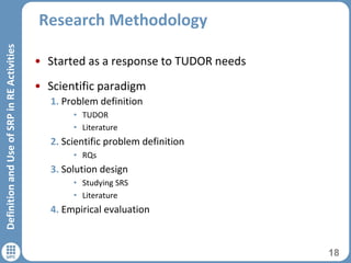 Research Methodology
18
DefinitionandUseofSRPinREActivities
• Started as a response to TUDOR needs
• Scientific paradigm
1. Problem definition
• TUDOR
• Literature
2. Scientific problem definition
• RQs
3. Solution design
• Studying SRS
• Literature
4. Empirical evaluation
 
