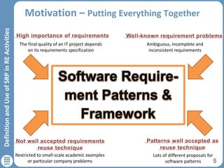 Motivation – Putting Everything Together
5
DefinitionandUseofSRPinREActivities
The final quality of an IT project depends
on its requirements specification
Restricted to small-scale academic examples
or particular company problems
Ambiguous, incomplete and
inconsistent requirements
Lots of different proposals for
software patterns
 