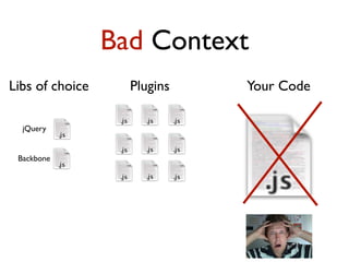Bad Context
Libs of choice     Plugins   Your Code

  jQuery


 Backbone
 