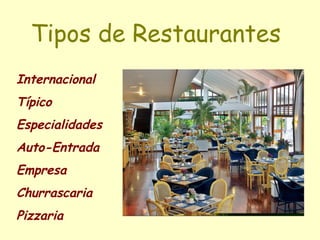 Tipos de Restaurantes
Internacional
Típico
Especialidades
Auto-Entrada
Empresa
Churrascaria
Pizzaria
 
