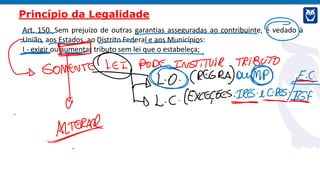 Art. 150. Sem prejuízo de outras garantias asseguradas ao contribuinte, é vedado à
União, aos Estados, ao Distrito Federal e aos Municípios:
I - exigir ou aumentar tributo sem lei que o estabeleça;
Princípio da Legalidade
 