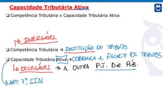  Competência Tributária x Capacidade Tributária Ativa
 Competência Tributária 
 Capacidade Tributária Ativa 
Capacidade Tributária Ativa
 