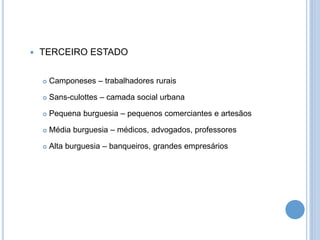  TERCEIRO ESTADO
 Camponeses – trabalhadores rurais
 Sans-culottes – camada social urbana
 Pequena burguesia – pequenos comerciantes e artesãos
 Média burguesia – médicos, advogados, professores
 Alta burguesia – banqueiros, grandes empresários
 