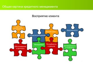 Общая картина кредитного менеджмента Восприятие клиента Структура предприятия Обслуживание и выплата Отрасль/положение Менеджмент Бизнес-цикл Потребность в деньгах Безопасность Договоренности и отчётность 