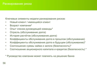 Ранжирование риска Ключевые элементы модели ранжирования рисков : Новый клиент / имеющийся клиент Возраст компании* Опыт членов руководящей команды * Отрасль (обслуживание долга) История расчётов (обслуживание долга) Коэффициенты обслуживания долга в прошлом   (обслуживание) Коэффициенты обслуживания долга в будущем (обслуживание) * Соотношение суммы займа и залога  ( безопасность )* Соотношение акционерного капитала и кредитов  ( безопасность ) * *  Руководство компании может повлиять на решение банка 