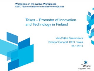 Workshop on Innovative Workplaces EESC “Sub-committee on Innovative Workplaces Tekes – Promoter of Innovation and Technology in Finland Veli-Pekka Saarnivaara Director General, CEO, Tekes 25.1.2011 
