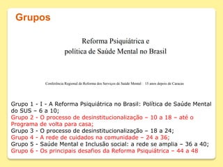 Grupos
Grupo 1 - I - A Reforma Psiquiátrica no Brasil: Política de Saúde Mental
do SUS – 6 a 10;
Grupo 2 - O processo de desinstitucionalização – 10 a 18 – até o
Programa de volta para casa;
Grupo 3 - O processo de desinstitucionalização – 18 a 24;
Grupo 4 - A rede de cuidados na comunidade – 24 a 36;
Grupo 5 - Saúde Mental e Inclusão social: a rede se amplia – 36 a 40;
Grupo 6 - Os principais desafios da Reforma Psiquiátrica – 44 a 48
 