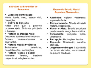 Estrutura da Entrevista de
Anamnese
 Dados de Identificação
Nome, idade, sexo, estado civil,
ocupação.
 Motivo da Consulta
Razão pela qual o paciente
procurou ajuda. Sintomas principais
e duração.
 História da Doença Atual
Descrição detalhada dos sintomas.
Fatores desencadeantes e
agravantes.
 História Médica Pregressa
Tratamentos anteriores,
hospitalizações, medicações.
 História Pessoal e Social
Ambiente familiar, histórico
ocupacional, relações sociais.
Exame do Estado Mental
Aspectos Observados
 Aparência: Higiene, vestimenta,
expressão facial.
 Comportamento: Atitude, atividade
motora, cooperação.
 Humor e Afeto: Estado emocional
predominante, congruência afetiva.
 Pensamento: Conteúdo, forma,
velocidade.
 Percepção: Alucinações, ilusões.
 Cognição: Orientação, memória,
atenção.
 Julgamento e Insight: Capacidade
de tomar decisões, compreensão
da própria condição.
 