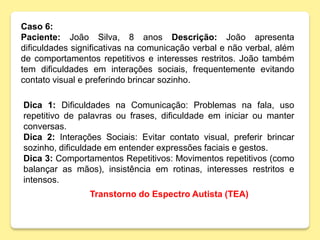 Caso 6:
Paciente: João Silva, 8 anos Descrição: João apresenta
dificuldades significativas na comunicação verbal e não verbal, além
de comportamentos repetitivos e interesses restritos. João também
tem dificuldades em interações sociais, frequentemente evitando
contato visual e preferindo brincar sozinho.
Dica 1: Dificuldades na Comunicação: Problemas na fala, uso
repetitivo de palavras ou frases, dificuldade em iniciar ou manter
conversas.
Dica 2: Interações Sociais: Evitar contato visual, preferir brincar
sozinho, dificuldade em entender expressões faciais e gestos.
Dica 3: Comportamentos Repetitivos: Movimentos repetitivos (como
balançar as mãos), insistência em rotinas, interesses restritos e
intensos.
Transtorno do Espectro Autista (TEA)
 