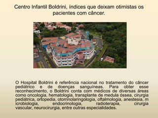 Centro Infantil Boldrini, índices que deixam otimistas os
pacientes com câncer.

O Hospital Boldrini é referência nacional no tratamento do câncer
pediátrico e de doenças sanguíneas. Para obter esse
reconhecimento, o Boldrini conta com médicos de diversas áreas
como oncologia, hematologia, transplante de medula óssea, cirurgia
pediátrica, ortopedia, otorrinolaringologia, oftalmologia, anestesia, m
icrobiologia,
endocrinologia,
radioterapia,
cirurgia
vascular, neurocirurgia, entre outras especialidades.

 