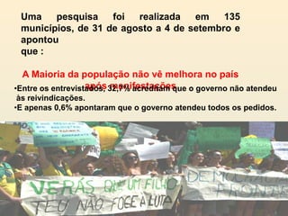 Uma
pesquisa
foi
realizada
em
135
municípios, de 31 de agosto a 4 de setembro e
apontou
que :
A Maioria da população não vê melhora no país
após manifestações
•Entre os entrevistados, 32,7% acreditam que o governo não atendeu
às reivindicações.
•E apenas 0,6% apontaram que o governo atendeu todos os pedidos.

 