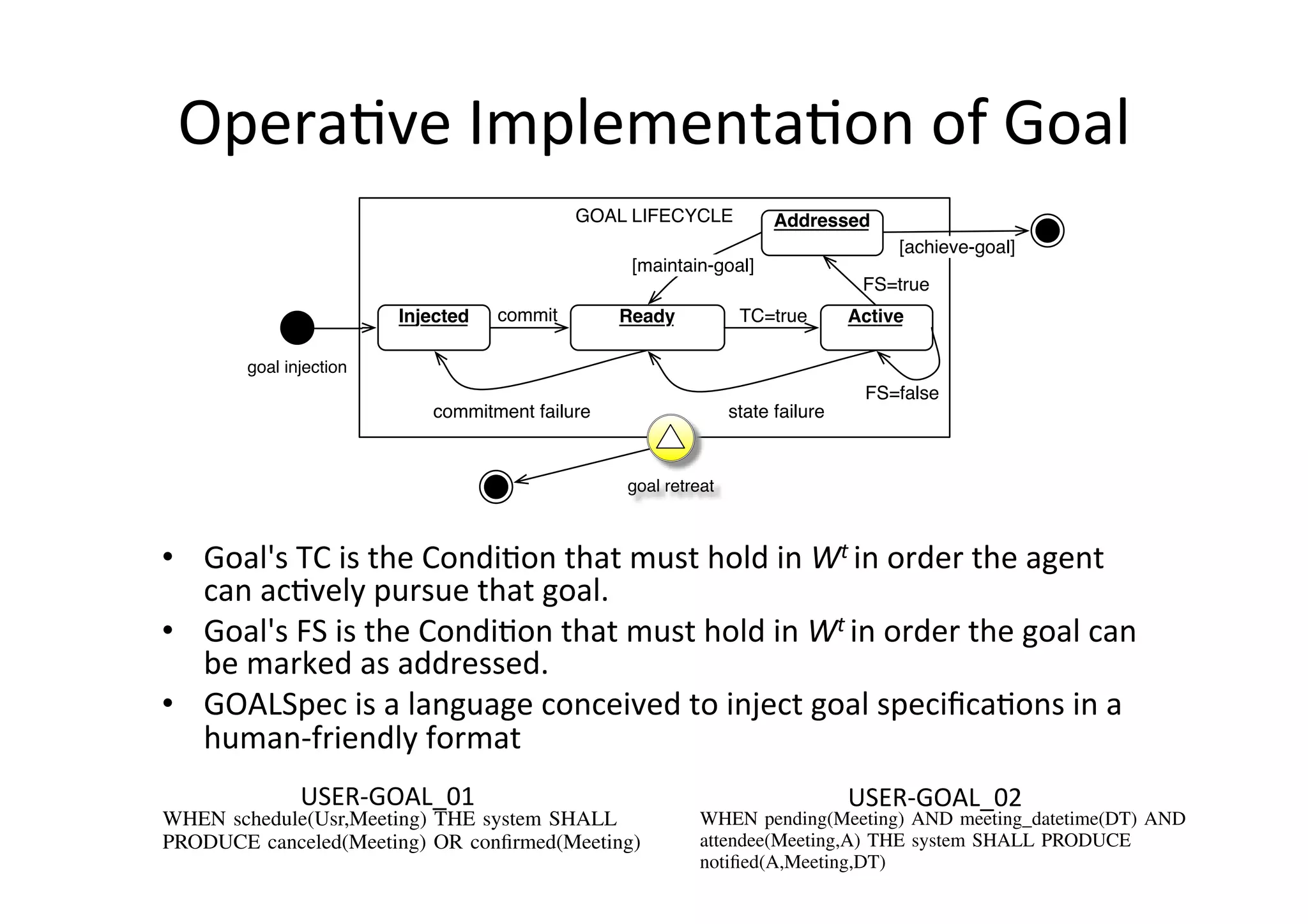 Opera5ve	
  Implementa5on	
  of	
  Goal	
  
•  Goal's	
  TC	
  is	
  the	
  Condi5on	
  that	
  must	
  hold	
  in	
  Wt	
  in	
  order	
  the	
  agent	
  
can	
  ac5vely	
  pursue	
  that	
  goal.	
  
•  Goal's	
  FS	
  is	
  the	
  Condi5on	
  that	
  must	
  hold	
  in	
  Wt	
  in	
  order	
  the	
  goal	
  can	
  
be	
  marked	
  as	
  addressed.	
  
•  GOALSpec	
  is	
  a	
  language	
  conceived	
  to	
  inject	
  goal	
  speciﬁca5ons	
  in	
  a	
  
human-­‐friendly	
  format	
  
GOAL LIFECYCLE
Injected ActiveReadycommit
FS=true
FS=false
TC=true
state failurecommitment failure
[maintain-goal]
[achieve-goal]
Addressed
goal retreat
goal injection
GOAL
SUBJECT
TRIGGER
CONDITION
FINAL
STATE
EVENT STATE OF
THE WORLD
wants
is active when
is addressed
when
generated by composed of
Fig. 7. The Core Metamodel of the Goal Speciﬁcation Language.
a Trigger Condition and a Final State. The subject is a noun
that describes the name of the involved person, role or group
of persons that owns the responsibility to address the goal. The
trigger condition is an event that must occur in order to start
acting for addressing the goal. The ﬁnal state is the desired
state of the world that must be addressed.
It is worth underlining that both Trigger Conditions and
Final States must be expressed by using a State of the World,
that in turn is expressed through domain ontology predicates.
For a complete speciﬁcation of the syntax of GoalSPEC
see [32]. Some examples of GoalSPEC productions for the
domain of the Meeting Scheduling are listed below:
1) WHEN schedule(Usr,Meeting) THE system SHALL
PRODUCE canceled(Meeting) OR conﬁrmed(Meeting)
2) WHEN pending(Meeting) AND meeting datetime(DT) AND
attendee(Meeting,A) THE system SHALL PRODUCE
is able to achieve a goal by doing an action if i) the agen
knows what the action is and ii) knows that doing the action
would result in the goal being satisﬁed [21]. This topic ha
become even more current because the amount of service
deployed in the web is exponentially growing and researcher
are looking for ways for automatically searching, selecting and
composing them [35].
We use Capability as an internal representation of an atomi
unit of work that a software agent may use for addressing
changes in the state of the world. A Capability is made o
two components: an abstract description (a set of beliefs tha
makes an agent aware of owning the capability and able to
reason on its use), and a concrete body implementation (a se
of plans for executing the job).
Whereas we deﬁne a template for providing the abstrac
description of a capability, we do not provide any language fo
the body, leaving the choice of the speciﬁc technology to th
developer. The proposed template (Table I) is a reﬁnement o
that presented in [35] for LARKS (language for advertisemen
and request for knowledge sharing).
TABLE I
TEMPLATE FOR DOCUMENTING A CAPABILITY DESCRIPTION.
Name Unique label used to refer to the capability
InputParams Deﬁnition of the input variables necessary for
the execution.
OutputParams Deﬁnition of the output variables produced by
the execution.
Constraints Optional (logical or structural) constraints on
input/output variables.
Pre-Condition Condition that must hold in the current state of
GOAL
SUBJECT
TRIGGER
CONDITION
FINAL
STATE
EVENT STATE OF
THE WORLD
wants
is active when
is addressed
when
generated by composed of
Fig. 7. The Core Metamodel of the Goal Speciﬁcation Language.
a Trigger Condition and a Final State. The subject is a noun
that describes the name of the involved person, role or group
of persons that owns the responsibility to address the goal. The
trigger condition is an event that must occur in order to start
acting for addressing the goal. The ﬁnal state is the desired
state of the world that must be addressed.
It is worth underlining that both Trigger Conditions and
Final States must be expressed by using a State of the World,
that in turn is expressed through domain ontology predicates.
For a complete speciﬁcation of the syntax of GoalSPEC
see [32]. Some examples of GoalSPEC productions for the
domain of the Meeting Scheduling are listed below:
1) WHEN schedule(Usr,Meeting) THE system SHALL
PRODUCE canceled(Meeting) OR conﬁrmed(Meeting)
2) WHEN pending(Meeting) AND meeting datetime(DT) AND
attendee(Meeting,A) THE system SHALL PRODUCE
notiﬁed(A,Meeting,DT)
3) AFTER 2 days SINCE WHEN notiﬁed(Usr,Meeting,DT)
is able to
knows wha
would resu
become ev
deployed i
are looking
composing
We use C
unit of wo
changes in
two compo
makes an
reason on
of plans fo
Whereas
description
the body, l
developer.
that presen
and reques
TEMPL
Name
InputPara
OutputPa
Constrain
Pre-Cond
Post-Con
USER-­‐GOAL_01	
   USER-­‐GOAL_02	
  
 