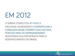 O SEBRAE COMPLETOU 40 ANOS E
PRECISAVA COMEMORAR E COMPARTILHAR A
CONQUISTA DESSE CENÁRIO CADA VEZ MAIS
POSITIVO PARA OS EMPREENDEDORES,
MOSTRANDO SUA IMPORTÂNCIA PARA O
DESENVOLVIMENTO DO BRASIL.
EM 2012
 