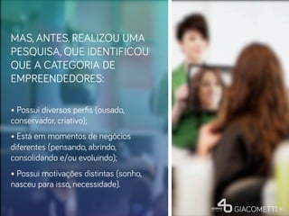 MAS, ANTES, REALIZOU UMA
PESQUISA, QUE IDENTIFICOU
QUE A CATEGORIA DE
EMPREENDEDORES:
• Possui diversos perﬁs (ousado,
conservador, criativo);
• Está em momentos de negócios
diferentes (pensando, abrindo,
consolidando e/ou evoluindo);
• Possui motivações distintas (sonho,
nasceu para isso, necessidade).
 