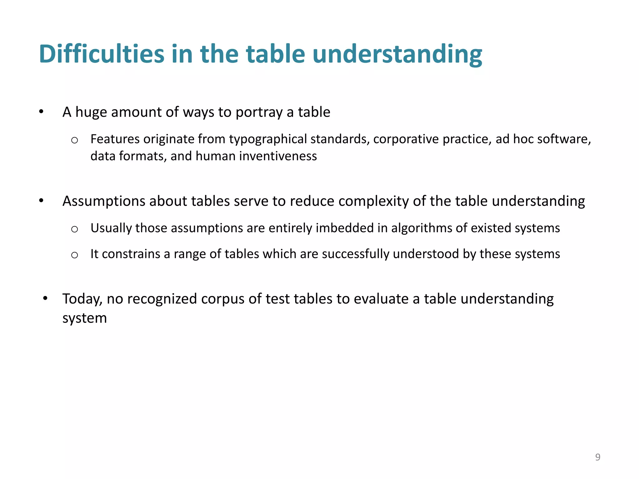 Challenges in table understanding
• A huge amount of ways to portray a table
o Features originate from typographical standards, corporative practice, ad hoc software,
data formats, and human inventiveness
• Assumptions about tables serve to reduce the complexity of table understanding
o Usually those assumptions are entirely embedded in algorithms of existed systems
o It constrains a range of tables which are successfully understood by these systems
• Today, no recognized corpus of test tables to evaluate a table understanding
system
9
 
