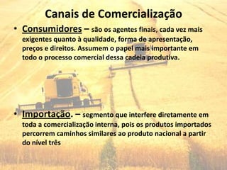 Canais de Comercialização
• Consumidores – são os agentes finais, cada vez mais
  exigentes quanto à qualidade, forma de apresentação,
  preços e direitos. Assumem o papel mais importante em
  todo o processo comercial dessa cadeia produtiva.




• Importação. – segmento que interfere diretamente em
  toda a comercialização interna, pois os produtos importados
  percorrem caminhos similares ao produto nacional a partir
  do nível três
 