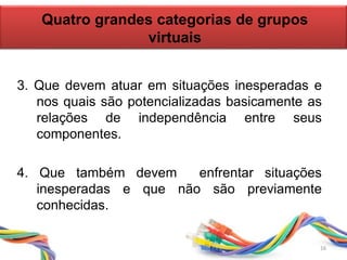 3. Que devem atuar em situações inesperadas e
nos quais são potencializadas basicamente as
relações de independência entre seus
componentes.
4. Que também devem enfrentar situações
inesperadas e que não são previamente
conhecidas.
Quatro grandes categorias de grupos
virtuais
16
 