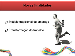 Modelo tradicional de emprego
Transformação do trabalho
Novas finalidades
22
 