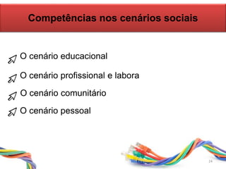 O cenário profissional e labora
Competências nos cenários sociais
O cenário educacional
O cenário pessoal
O cenário comunitário
24
 