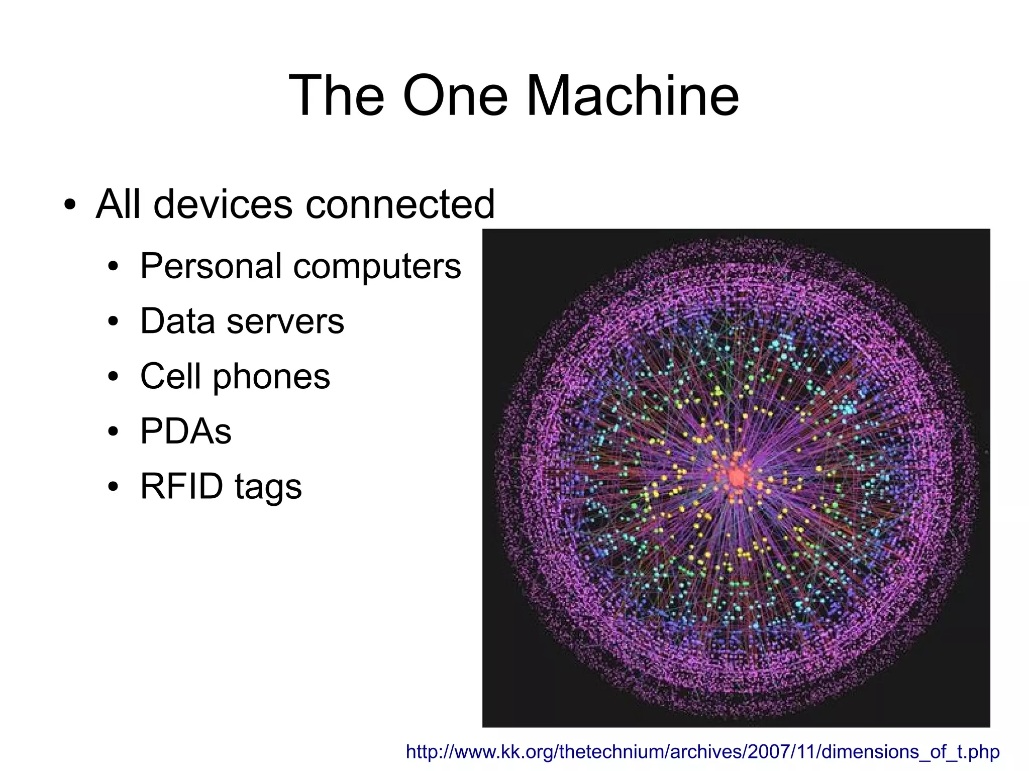 The One Machine
● All devices connected
● Personal computers
● Data servers
● Cell phones
● PDAs
● RFID tags
http://www.kk.org/thetechnium/archives/2007/11/dimensions_of_t.php
 