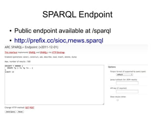 SPARQL Endpoint
●   Public endpoint available at /sparql
●   http://prefix.cc/sioc,rnews.sparql
 