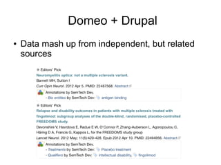 Domeo + Drupal
●   Data mash up from independent, but related
    sources
 