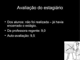Avaliação do estagiário


    Dos alunos: não foi realizada – já havia
    encerrado o estágio.

    Da professora regente: 9,0

    Auto-avaliação: 9,5
 