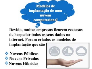 Devido, muitas empresas ficarem receosas
de hospedar todos os seus dados na
internet. Foram criados os modelos de
implantação que são eles:
 Nuvens Públicas
Nuvens Privadas
Nuvens Híbridas
 