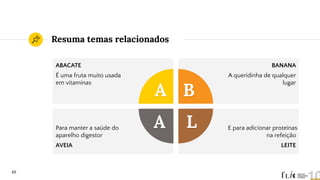 Resuma temas relacionados
48
ABACATE
É uma fruta muito usada
em vitaminas
BANANA
A queridinha de qualquer
lugar
Para manter a saúde do
aparelho digestor
AVEIA
E para adicionar proteínas
na refeição
LEITE
 