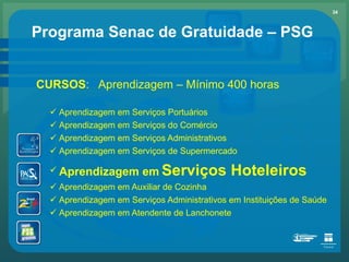 Programa Senac de Gratuidade – PSG  CURSOS :  Aprendizagem – Mínimo 400 horas Aprendizagem em Serviços Portuários  Aprendizagem em Serviços do Comércio Aprendizagem em Serviços Administrativos Aprendizagem em Serviços de Supermercado Aprendizagem em   Serviços Hoteleiros Aprendizagem em Auxiliar de Cozinha Aprendizagem em Serviços Administrativos em Instituições de Saúde Aprendizagem em Atendente de Lanchonete 