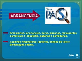 ABRANGÊNCIA Ambulantes, lanchonetes, bares, pizzarias, restaurantes comerciais e industriais, padarias e confeitarias. Cozinhas hospitalares, lactários, bancos de leite e alimentação enteral. 