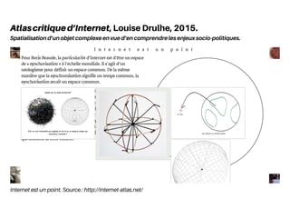 Internet est un point. Source : http://internet-atlas.net/
Atlascritiqued’Internet, Louise Drulhe, 2015.
Spatialisation d’un objet complexe en vue d’en comprendre les enjeux socio-politiques.
 