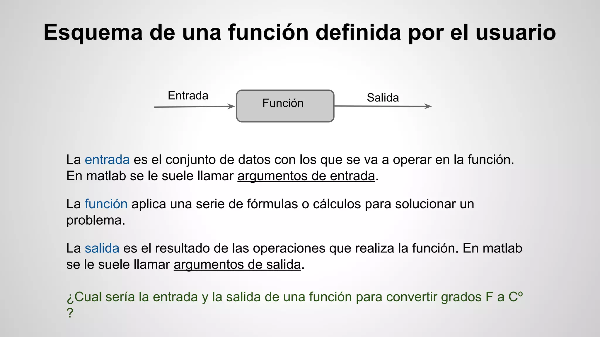 Esquema de una función definida por el usuario
Entrada

Función

Salida

La entrada es el conjunto de datos con los que se va a operar en la función.
En matlab se le suele llamar argumentos de entrada.
La función aplica una serie de fórmulas o cálculos para solucionar un
problema.
La salida es el resultado de las operaciones que realiza la función. En matlab
se le suele llamar argumentos de salida.
¿Cual sería la entrada y la salida de una función para convertir grados F a Cº
?

 