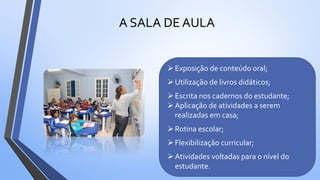 A SALA DE AULA
Exposição de conteúdo oral;
Utilização de livros didáticos;
Escrita nos cadernos do estudante;
Aplicação de atividades a serem
realizadas em casa;
Rotina escolar;
Flexibilização curricular;
Atividades voltadas para o nível do
estudante.
 