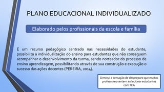 PLANO EDUCACIONAL INDIVIDUALIZADO
É um recurso pedagógico centrado nas necessidades do estudante,
possibilita a individualização do ensino para estudantes que não conseguem
acompanhar o desenvolvimento da turma, sendo norteador do processo de
ensino aprendizagem, possibilitando através de sua construção e execução o
sucesso das ações docentes (PEREIRA, 2014).
Elaborado pelos profissionais da escola e família
Diminui a sensação de despreparo que muitos
professores sentem ao lecionar estudantes
comTEA
 