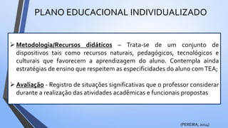 PLANO EDUCACIONAL INDIVIDUALIZADO
 Metodologia/Recursos didáticos – Trata-se de um conjunto de
dispositivos tais como recursos naturais, pedagógicos, tecnológicos e
culturais que favorecem a aprendizagem do aluno. Contempla ainda
estratégias de ensino que respeitem as especificidades do aluno comTEA;
 Avaliação - Registro de situações significativas que o professor considerar
durante a realização das atividades acadêmicas e funcionais propostas
(PEREIRA, 2014)
 