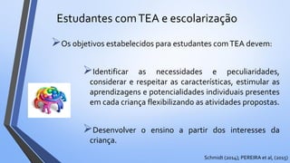 Os objetivos estabelecidos para estudantes comTEA devem:
Identificar as necessidades e peculiaridades,
considerar e respeitar as características, estimular as
aprendizagens e potencialidades individuais presentes
em cada criança flexibilizando as atividades propostas.
Desenvolver o ensino a partir dos interesses da
criança.
Estudantes comTEA e escolarização
Schmidt (2014); PEREIRA et al, (2015)
 