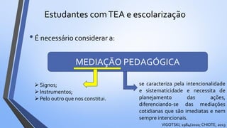 Estudantes comTEA e escolarização
•É necessário considerar a:
MEDIAÇÃO PEDAGÓGICA
Signos;
Instrumentos;
Pelo outro que nos constitui.
se caracteriza pela intencionalidade
e sistematicidade e necessita de
planejamento das ações,
diferenciando-se das mediações
cotidianas que são imediatas e nem
sempre intencionais.
VIGOTSKI, 1984/2010; CHIOTE, 2013
 
