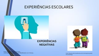 EXPERIÊNCIAS ESCOLARES
EXPERIÊNCIAS
NEGATIVAS
Fonte: http://www.eftbrasil.com.br/wp-
content/uploads/2014/06/11.06.2016-S%C3%A1bado-1200-X-628.png Fonte: http://s5.static.brasilescola.uol.com.br/img/2014/10/dia-
da-amizade.jpg
 