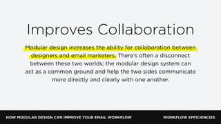 HOW MODULAR DESIGN CAN IMPROVE YOUR EMAIL WORKFLOW WORKFLOW EFFICIENCIES
Improves Collaboration
Modular design increases the ability for collaboration between
designers and email marketers. There’s often a disconnect
between these two worlds; the modular design system can
act as a common ground and help the two sides communicate
more directly and clearly with one another.
 