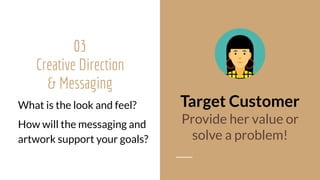 03
Creative Direction  
& Messaging
What is the look and feel?
How will the messaging and
artwork support your goals?
Target Customer
Provide her value or  
solve a problem!
 