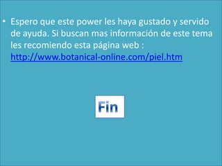 • Espero que este power les haya gustado y servido
  de ayuda. Si buscan mas información de este tema
  les recomiendo esta página web :
  http://www.botanical-online.com/piel.htm
 