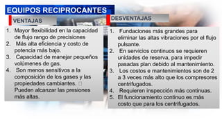 VENTAJAS
1. Mayor flexibilidad en la capacidad
de flujo rango de precisiones
2. Más alta eficiencia y costo de
potencia más bajo.
3. Capacidad de manejar pequeños
volúmenes de gas.
4. Son menos sensitivos a la
composición de los gases y las
propiedades cambiantes.
Pueden alcanzar las presiones
más altas.
DESVENTAJAS
1. Fundaciones más grandes para
eliminar las altas vibraciones por el flujo
pulsante.
2. En servicios continuos se requieren
unidades de reserva, para impedir
pasadas plan debido al mantenimiento.
3. Los costos e mantenimientos son de 2
a 3 veces más alto que los compresores
centrifugados.
4. Requieren inspección más continuas.
5. El funcionamiento continuo es más
costo que para los centrifugados.
EQUIPOS RECIPROCANTES:
 