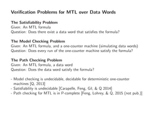 Veriﬁcation Problems for MTL over Data Words
The Satisﬁability Problem
Given: An MTL formula
Question: Does there exist a data word that satisﬁes the formula?
The Model Checking Problem
Given: An MTL formula, and a one-counter machine (simulating data words)
Question: Does every run of the one-counter machine satisfy the formula?
The Path Checking Problem
Given: An MTL formula, a data word
Question: Does the data word satisfy the formula?
- Model checking is undecidable, decidable for deterministic one-counter
machines [Q, 2013]
- Satisﬁability is undecidable [Carapelle, Feng, Gil, & Q 2014]
- Path checking for MTL is in P-complete [Feng, Lohrey, & Q, 2015 (not pub.)]
 