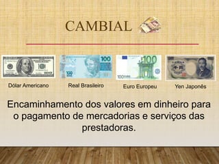 CAMBIAL
Dólar Americano Real Brasileiro Yen JaponêsEuro Europeu
Encaminhamento dos valores em dinheiro para
o pagamento de mercadorias e serviços das
prestadoras.
 