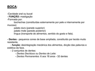BOCA:
-Cavidade oral ou bucal
- FUNÇÃO: mastigação
-Formada por:
bochechas (constituídas externamente por pele e internamente por
mucosa)
palato duro (parede superior)
palato mole (parede posterior)
língua (transporte de alimentos, sentido do gosto e fala).
- Dentes - pequenos cones de base ampliada, constituído por tecido muito
resistente.
- função: desintegração mecânica dos alimentos, dicção das palavras e
estética da face.
- 2 conjuntos de dentes:
- Dentes Decíduos ou Dentes de Leite:
- Dentes Permanentes: 6 aos 18 anos - 32 dentes
 