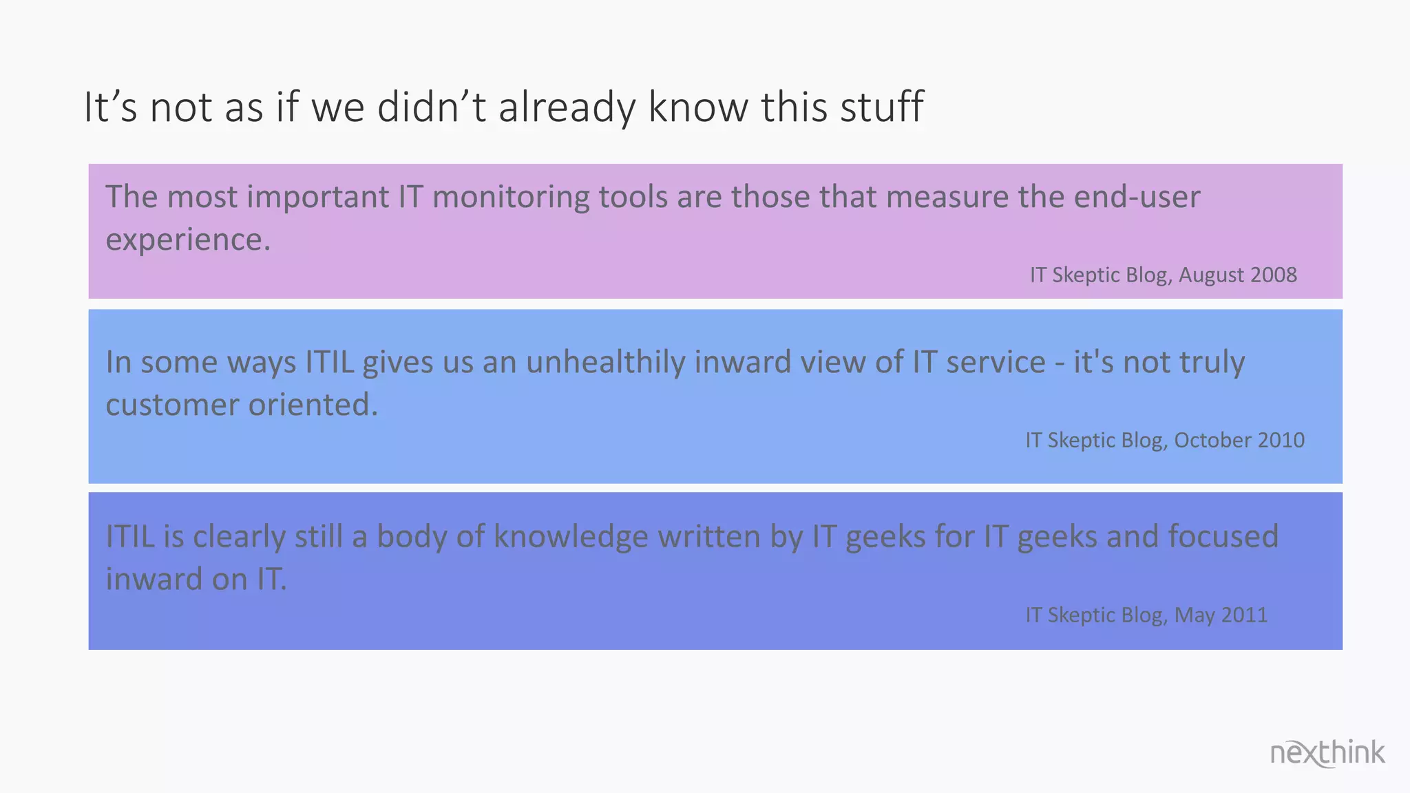 It’s not as if we didn’t already know this stuff
The most important IT monitoring tools are those that measure the end-user
experience.
IT Skeptic Blog, August 2008
In some ways ITIL gives us an unhealthily inward view of IT service - it's not truly
customer oriented.
IT Skeptic Blog, October 2010
ITIL is clearly still a body of knowledge written by IT geeks for IT geeks and focused
inward on IT.
IT Skeptic Blog, May 2011
 