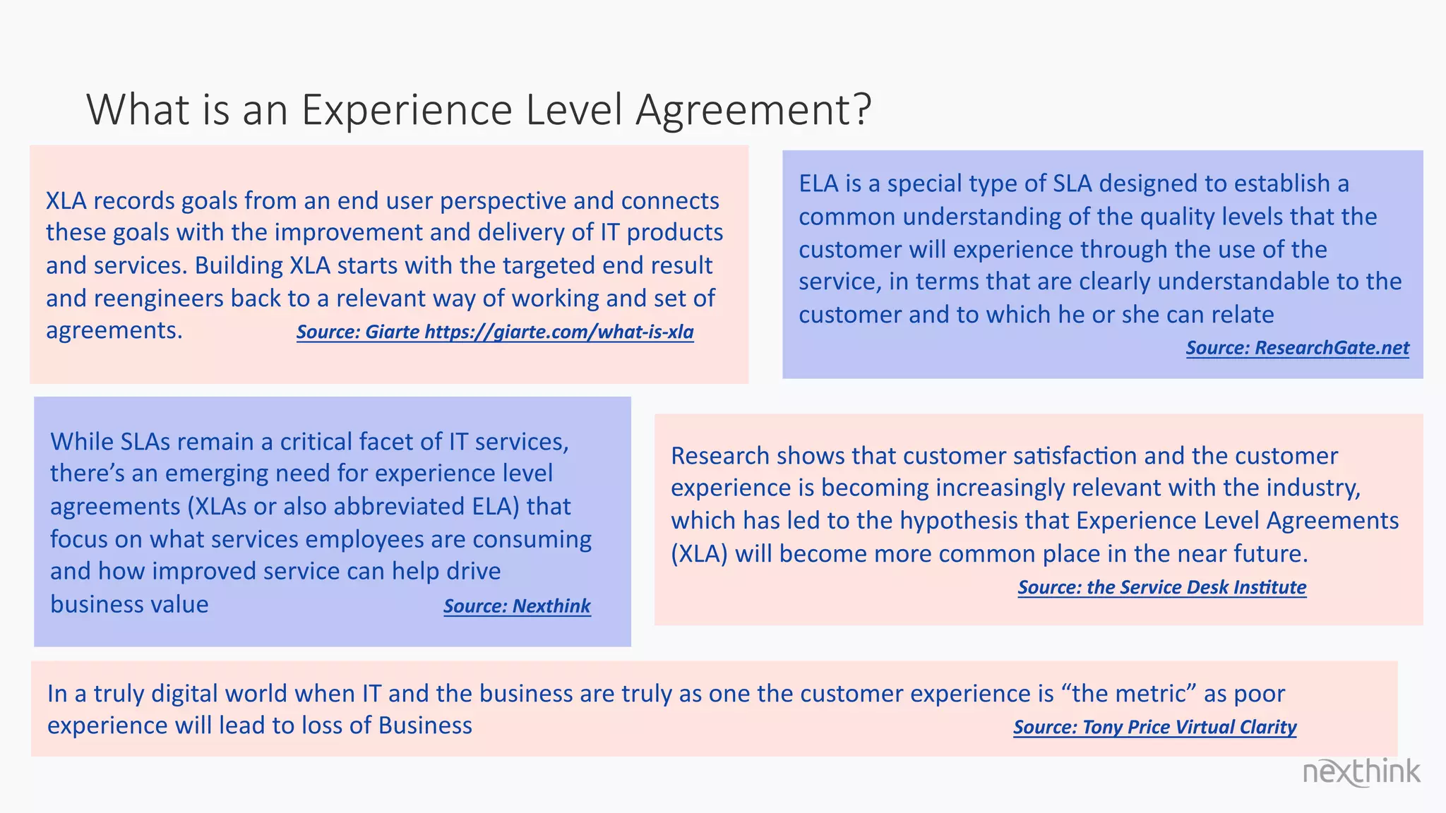 What is an Experience Level Agreement?
In a truly digital world when IT and the business are truly as one the customer experience is “the metric” as poor
experience will lead to loss of Business Source: Tony Price Virtual Clarity
While SLAs remain a critical facet of IT services,
there’s an emerging need for experience level
agreements (XLAs or also abbreviated ELA) that
focus on what services employees are consuming
and how improved service can help drive
business value Source: Nexthink
Research shows that customer saQsfacQon and the customer
experience is becoming increasingly relevant with the industry,
which has led to the hypothesis that Experience Level Agreements
(XLA) will become more common place in the near future.
Source: the Service Desk Ins@tute
ELA is a special type of SLA designed to establish a
common understanding of the quality levels that the
customer will experience through the use of the
service, in terms that are clearly understandable to the
customer and to which he or she can relate
Source: ResearchGate.net
XLA records goals from an end user perspective and connects
these goals with the improvement and delivery of IT products
and services. Building XLA starts with the targeted end result
and reengineers back to a relevant way of working and set of
agreements. Source: Giarte https://giarte.com/what-is-xla
 